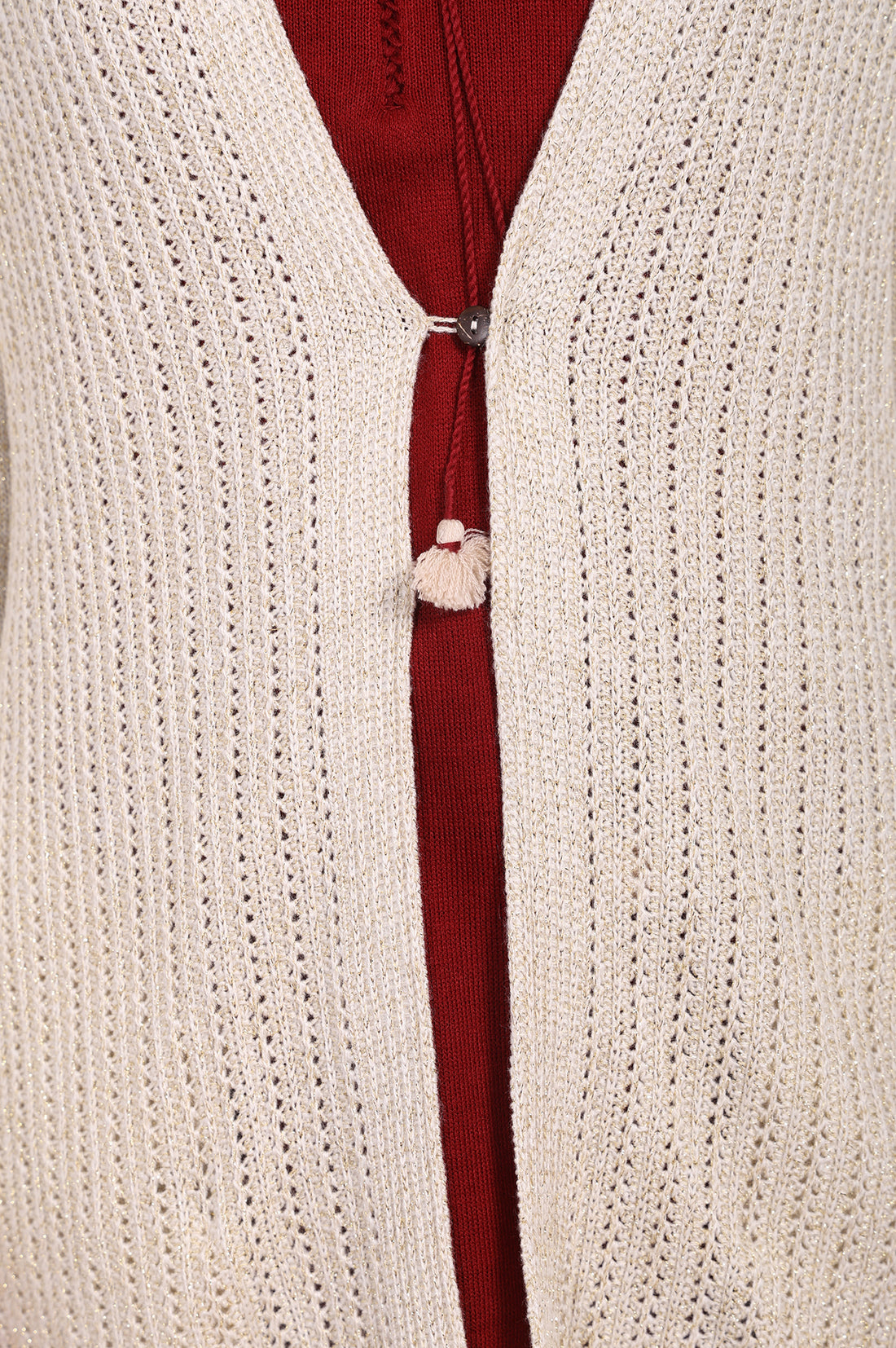 Beige Textured Tasseled Straight Acrylic Sweater