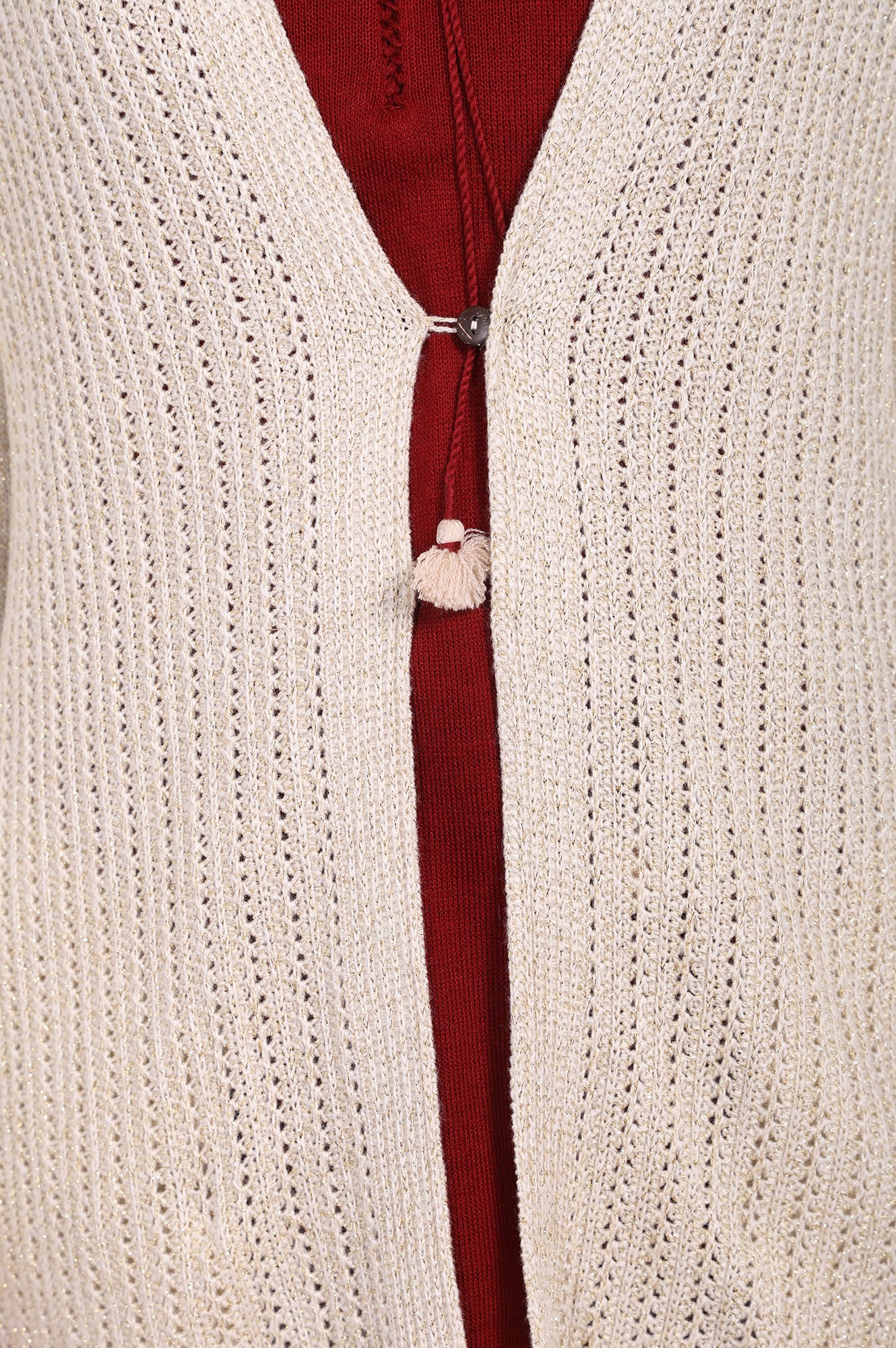 Beige Textured Tasseled Straight Acrylic Sweater