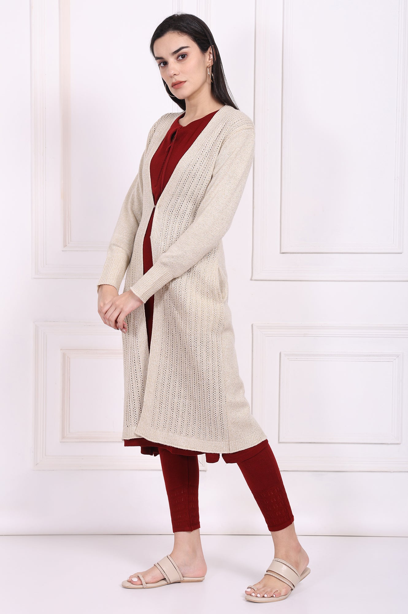 Beige Textured Tasseled Straight Acrylic Sweater