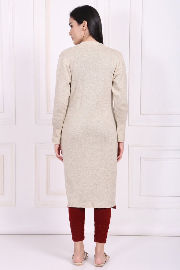 Beige Textured Tasseled Straight Acrylic Sweater