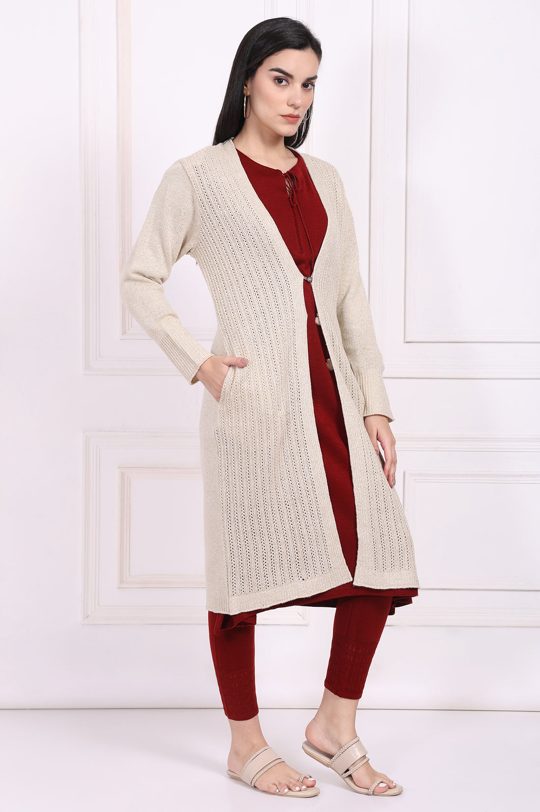 Beige Textured Tasseled Straight Acrylic Sweater