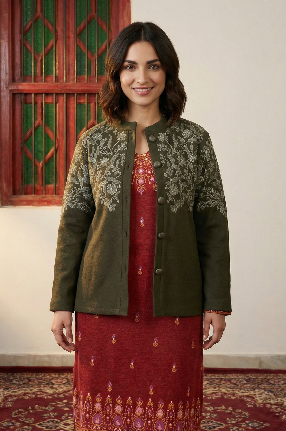 Olive Embroidered Straight Winter Jacket