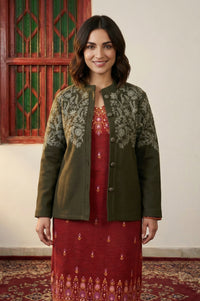 Olive Embroidered Straight Winter Jacket