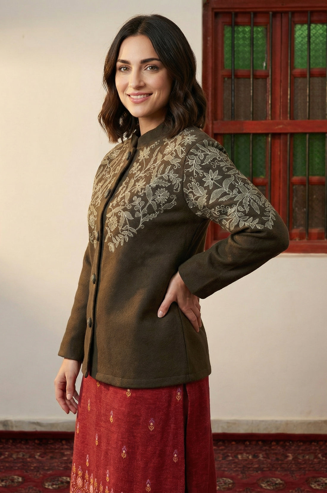 Olive Embroidered Straight Winter Jacket
