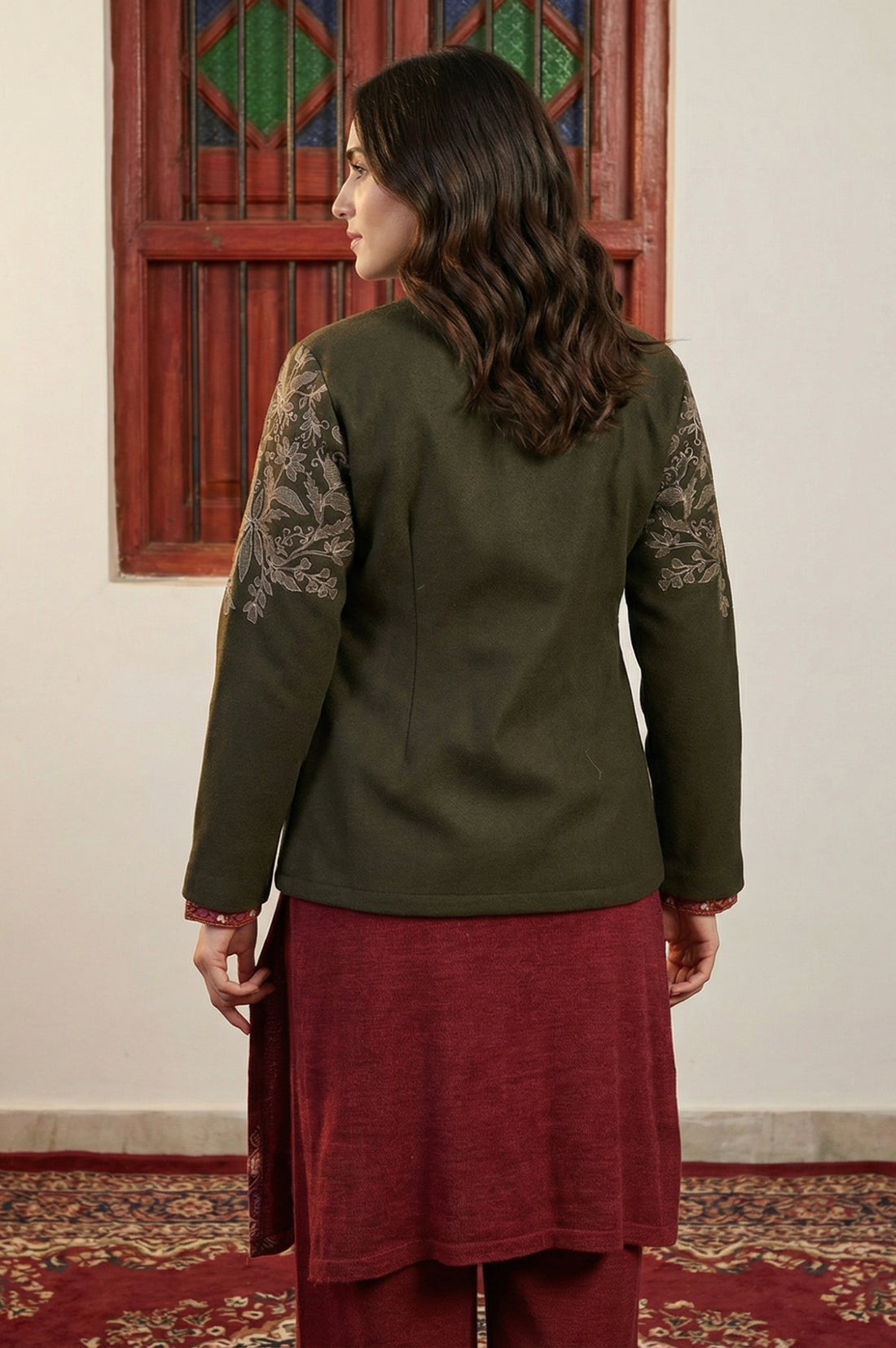 Olive Embroidered Straight Winter Jacket