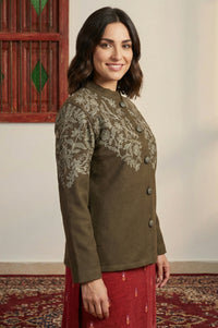 Olive Embroidered Straight Winter Jacket