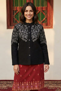 Black Embroidered Straight Winter Jacket