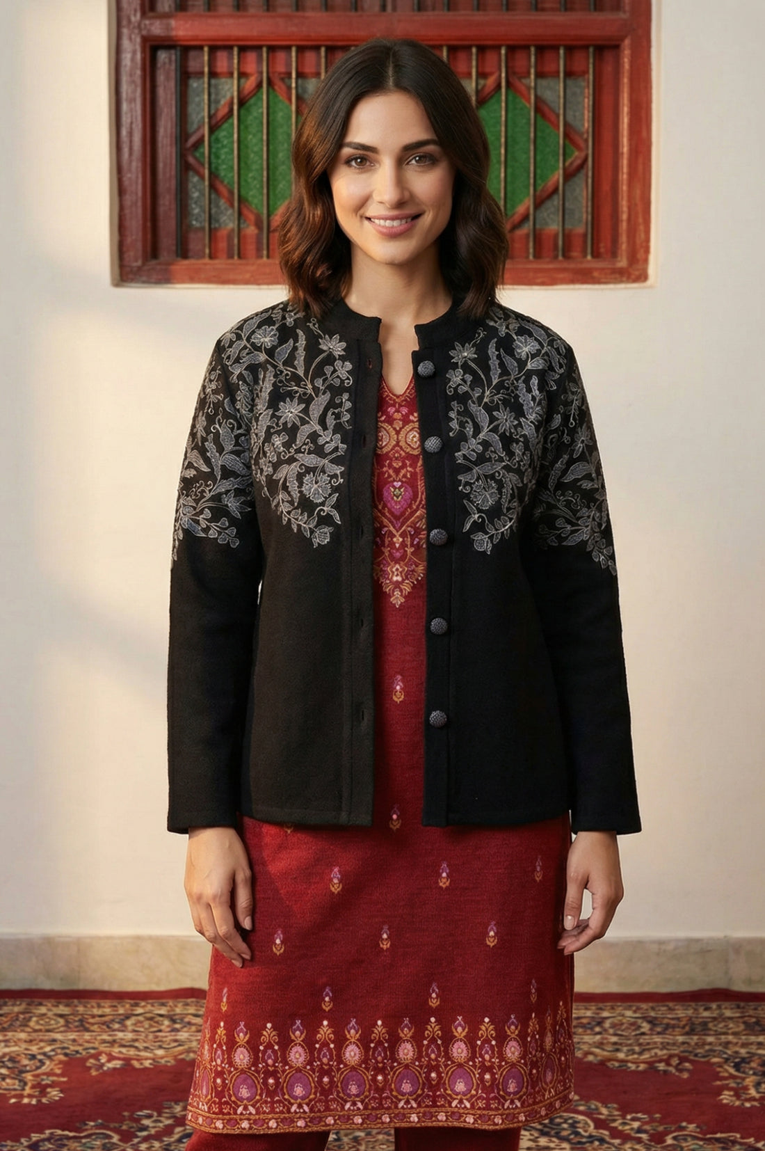 Black Embroidered Straight Winter Jacket