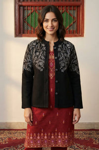 Black Embroidered Straight Winter Jacket