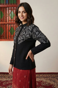 Black Embroidered Straight Winter Jacket