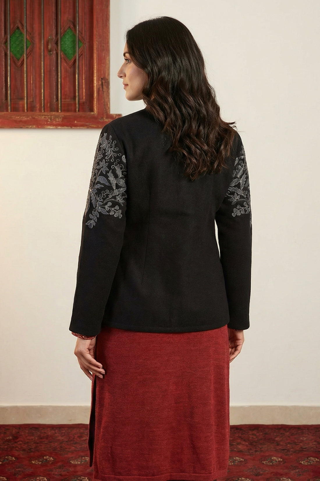 Black Embroidered Straight Winter Jacket