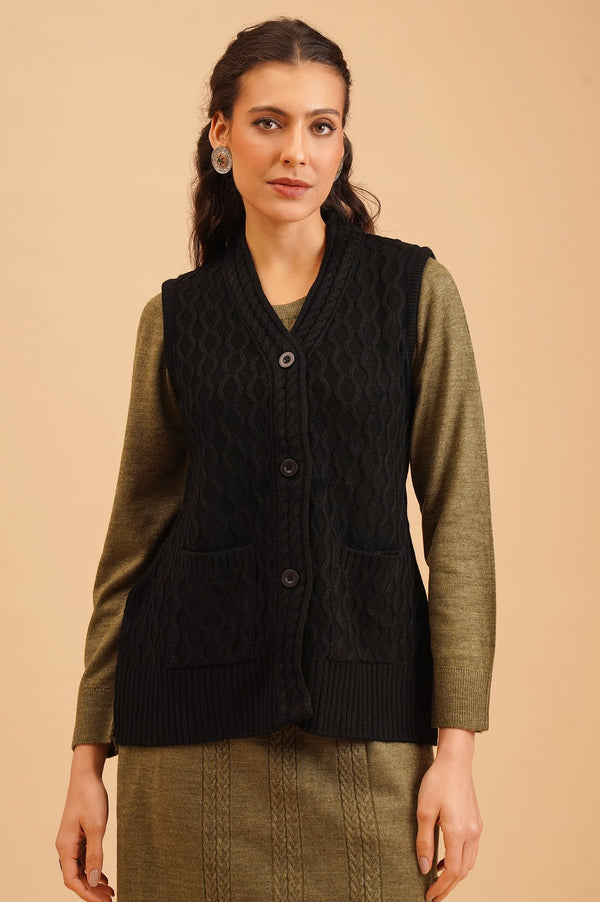 Black Cable Knit Sleeveless Acrylic Straight Winter Sweater