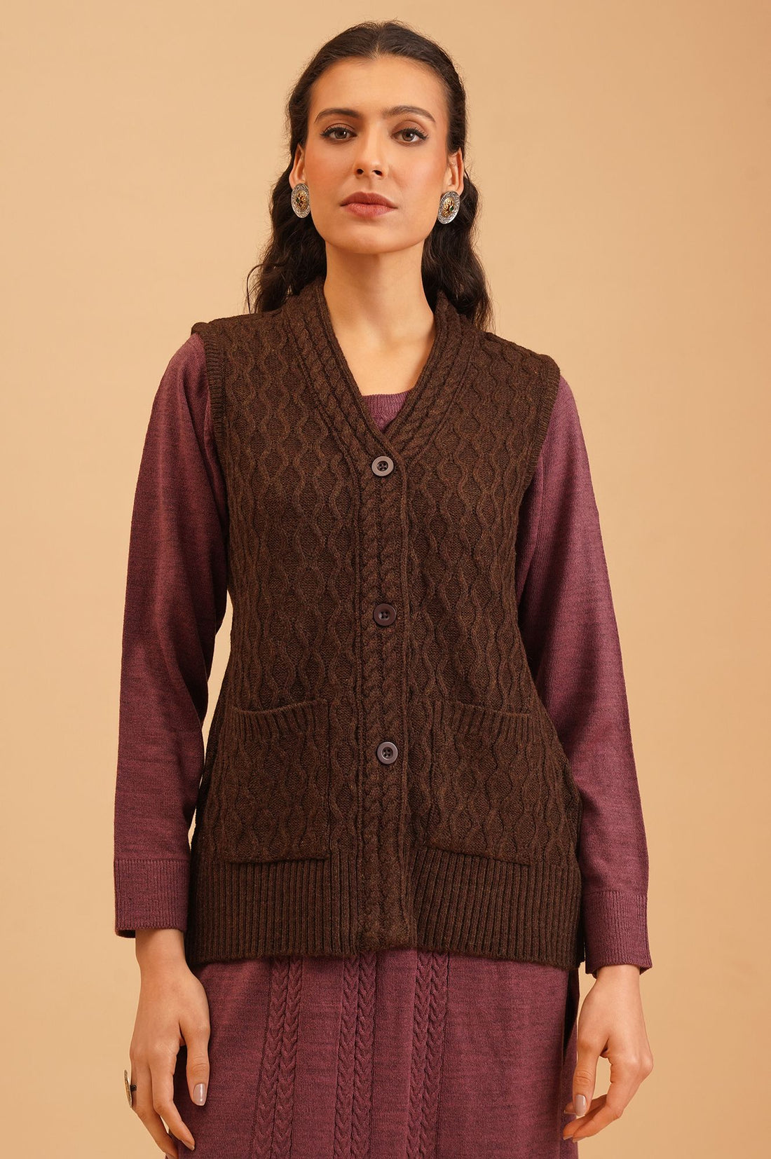 Coffee Brown Textured Sleeveless Acrylic Straight Winter Sweater