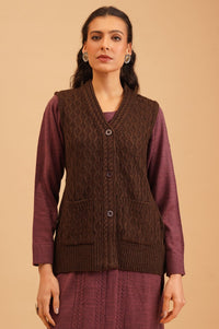 Coffee Brown Textured Sleeveless Acrylic Straight Winter Sweater