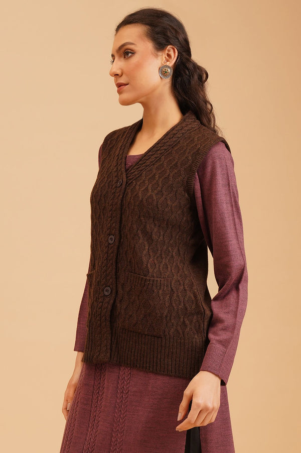 Coffee Brown Textured Sleeveless Acrylic Straight Winter Sweater