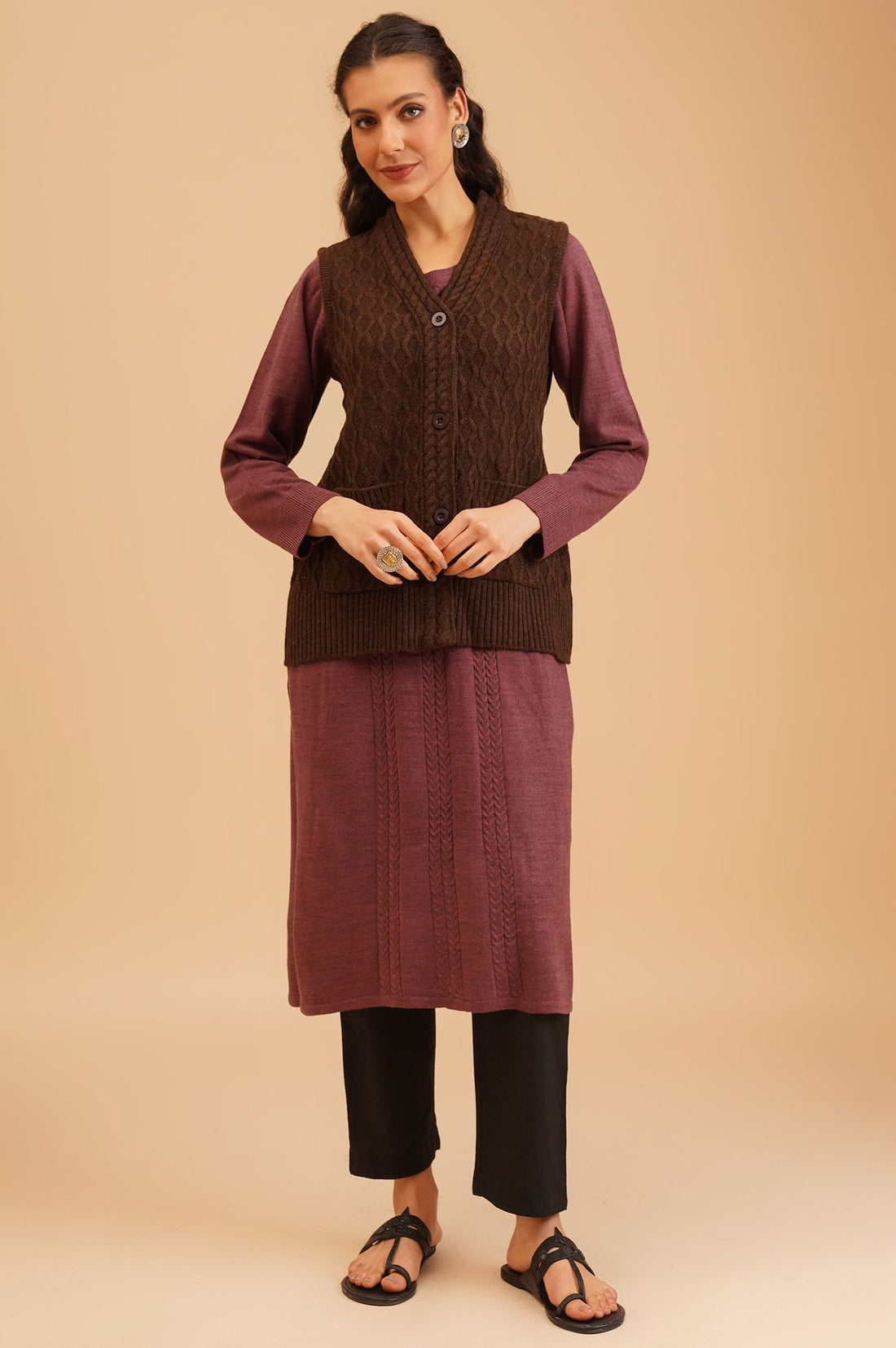 Coffee Brown Textured Sleeveless Acrylic Straight Winter Sweater