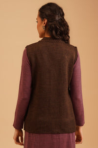 Coffee Brown Textured Sleeveless Acrylic Straight Winter Sweater
