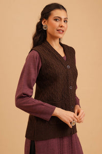Coffee Brown Textured Sleeveless Acrylic Straight Winter Sweater