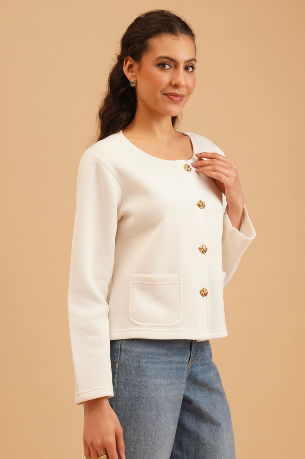 Off White Solid Winter Jacket