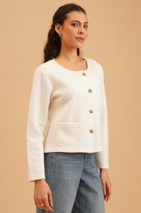 Off White Solid Winter Jacket