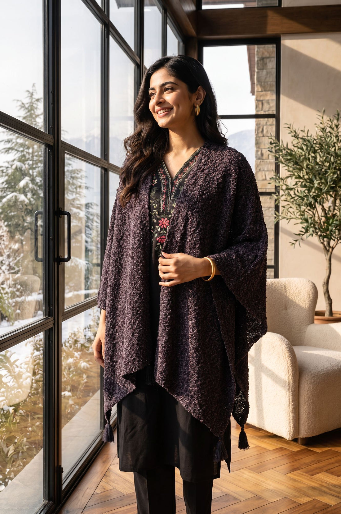 Purple Winter Solid Textured Tassel &amp; Pompoms Korea Shawl