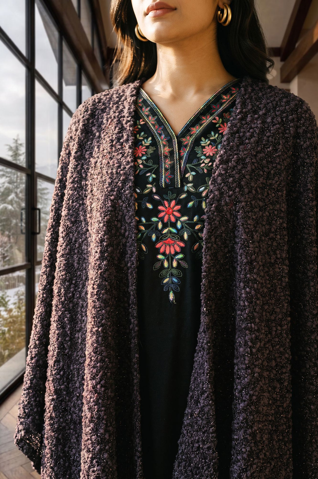 Purple Winter Solid Textured Tassel &amp; Pompoms Korea Shawl