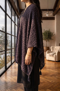Purple Winter Solid Textured Tassel &amp; Pompoms Korea Shawl