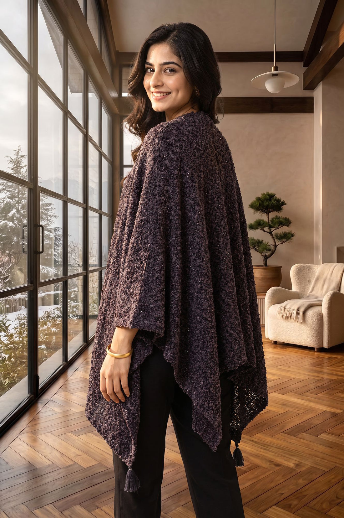 Purple Winter Solid Textured Tassel &amp; Pompoms Korea Shawl
