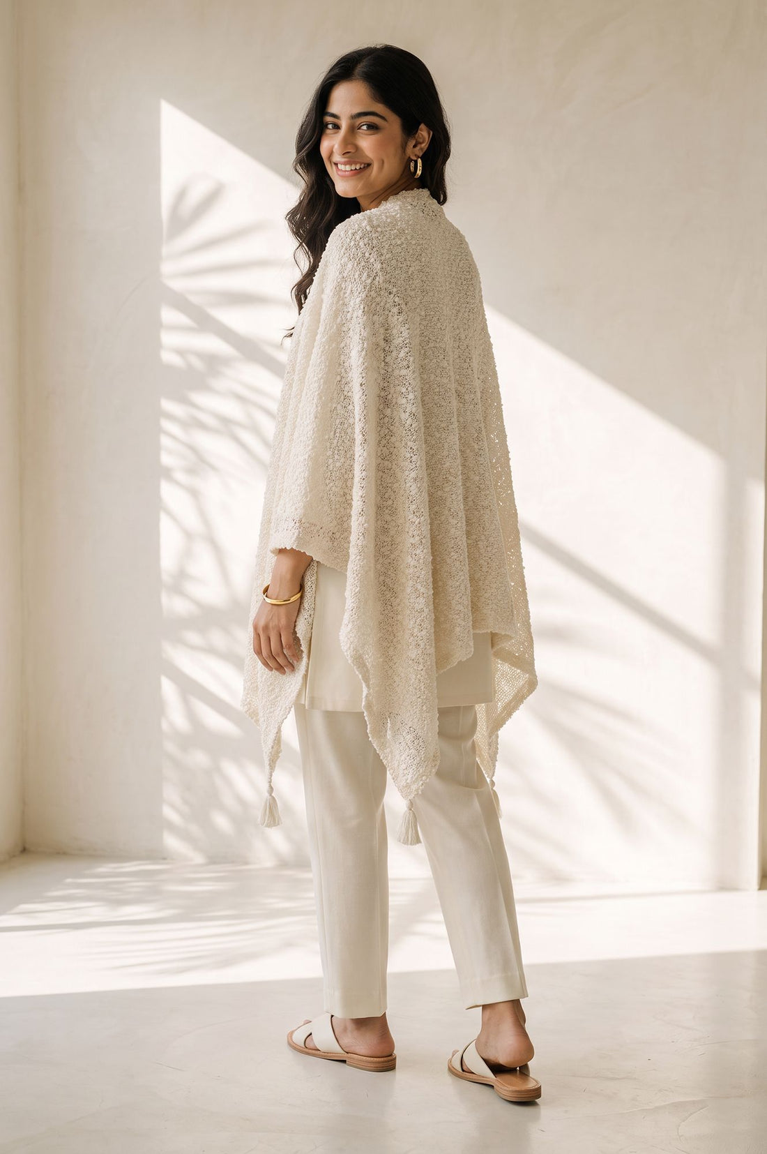 Cream Winter Tassels &amp; Pompoms Textured Korea Shawl