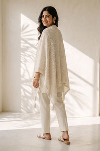 Cream Winter Tassels &amp; Pompoms Textured Korea Shawl