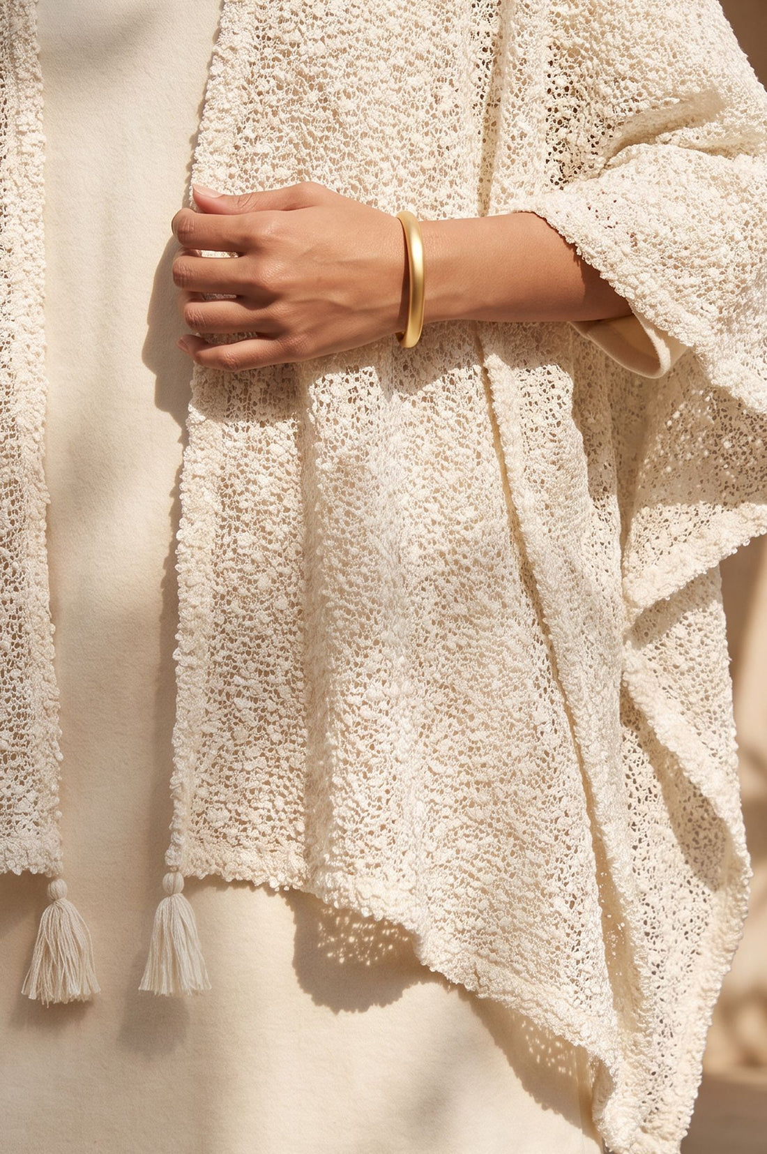 Cream Winter Tassels &amp; Pompoms Textured Korea Shawl