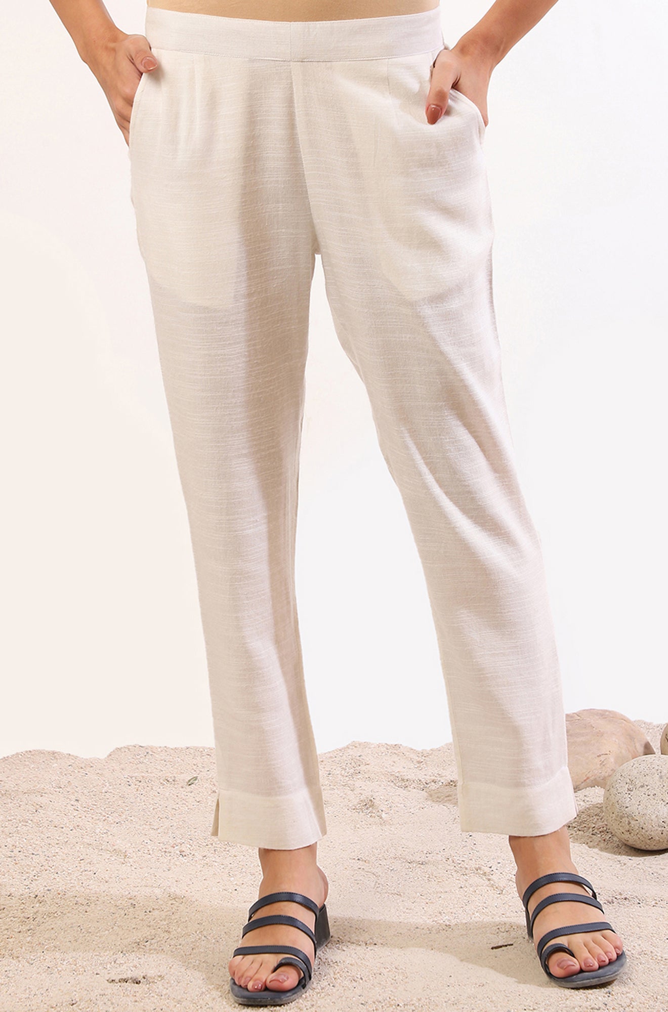 White Solid Straight Blend Trousers