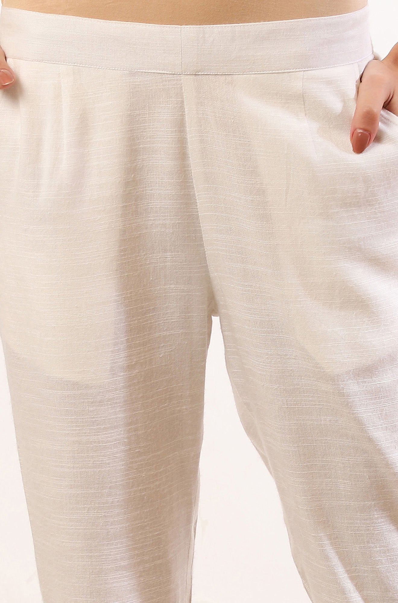 White Solid Straight Blend Trousers