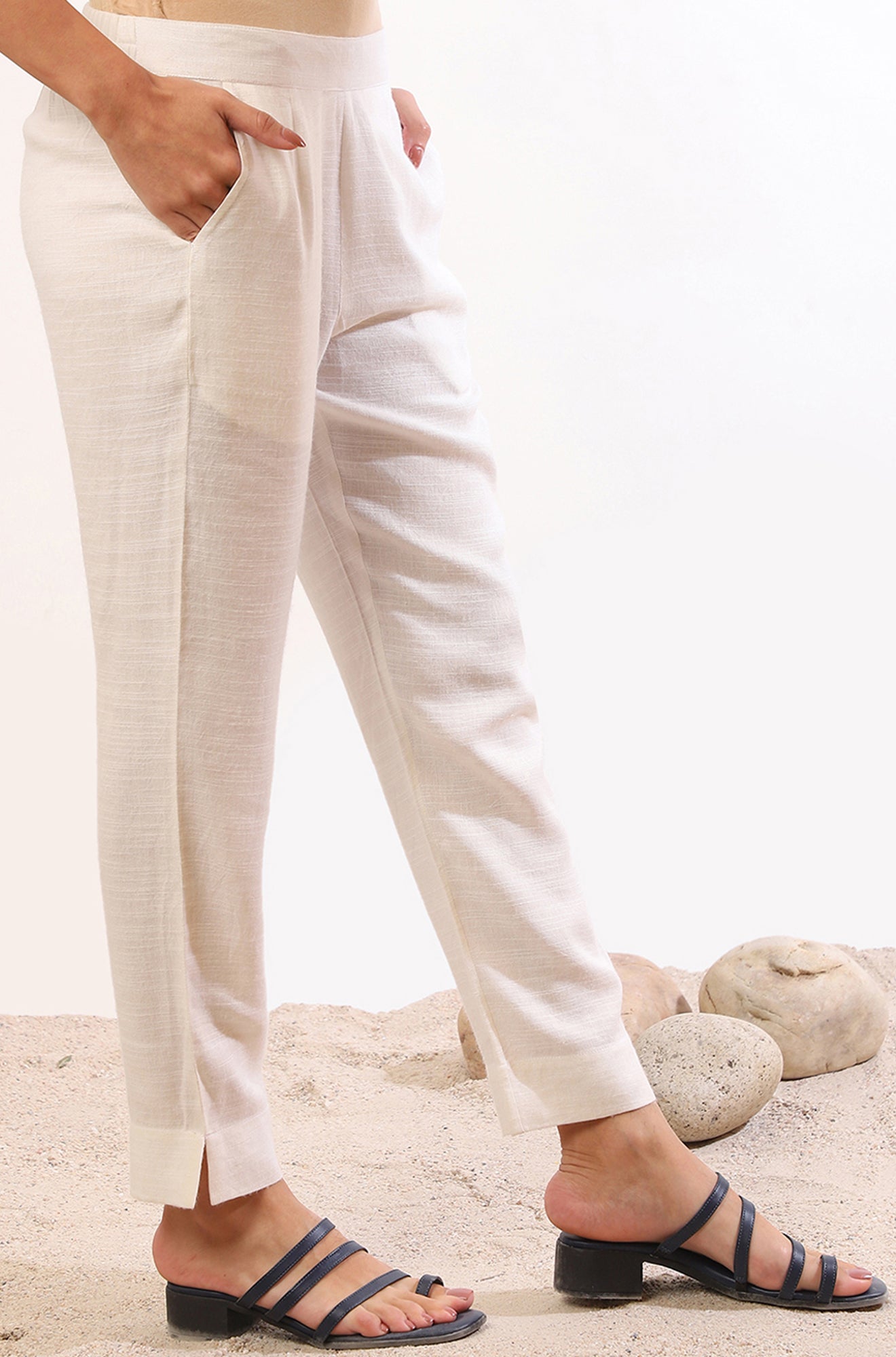 White Solid Straight Blend Trousers