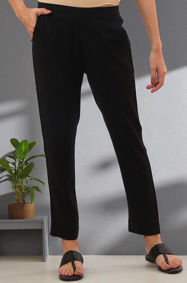 Black Solid Straight Blend Trousers