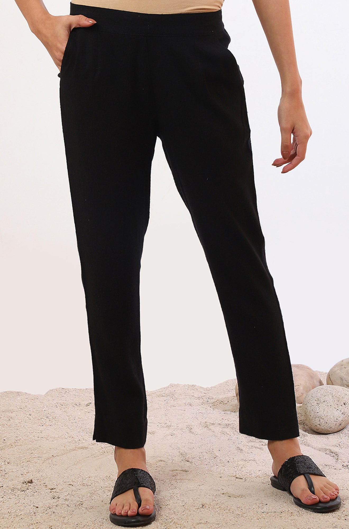 Black Solid Straight Blend Trousers