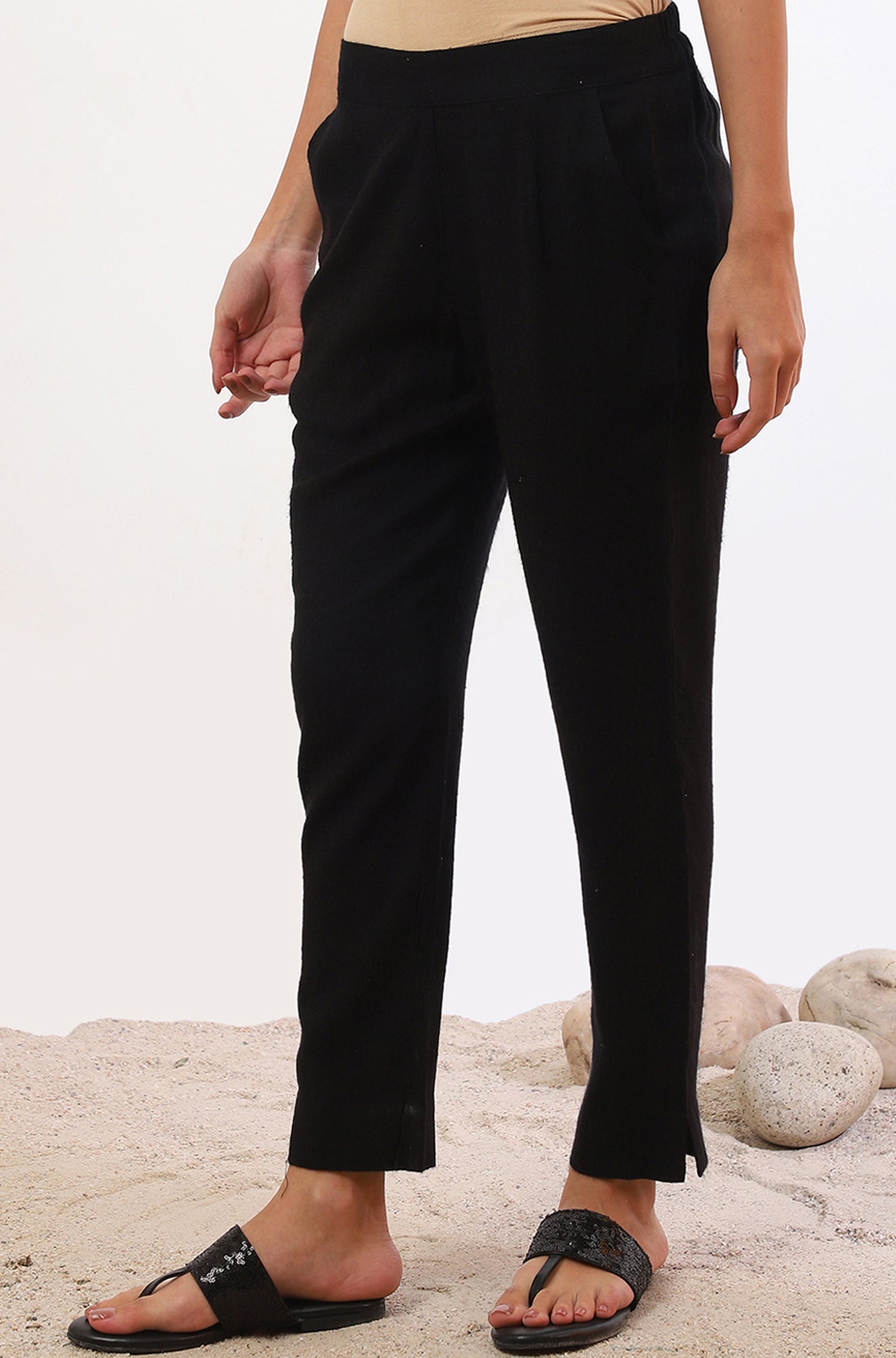 Black Solid Straight Blend Trousers