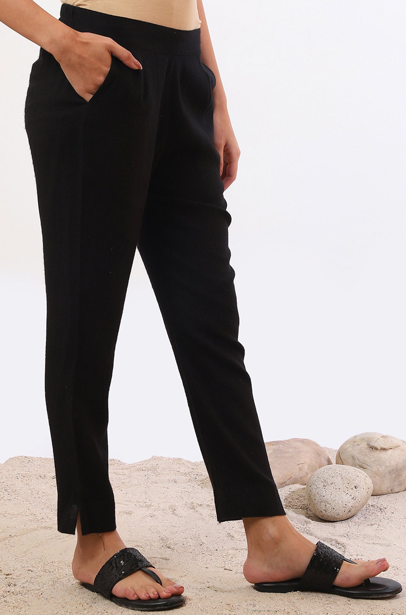 Black Solid Straight Blend Trousers