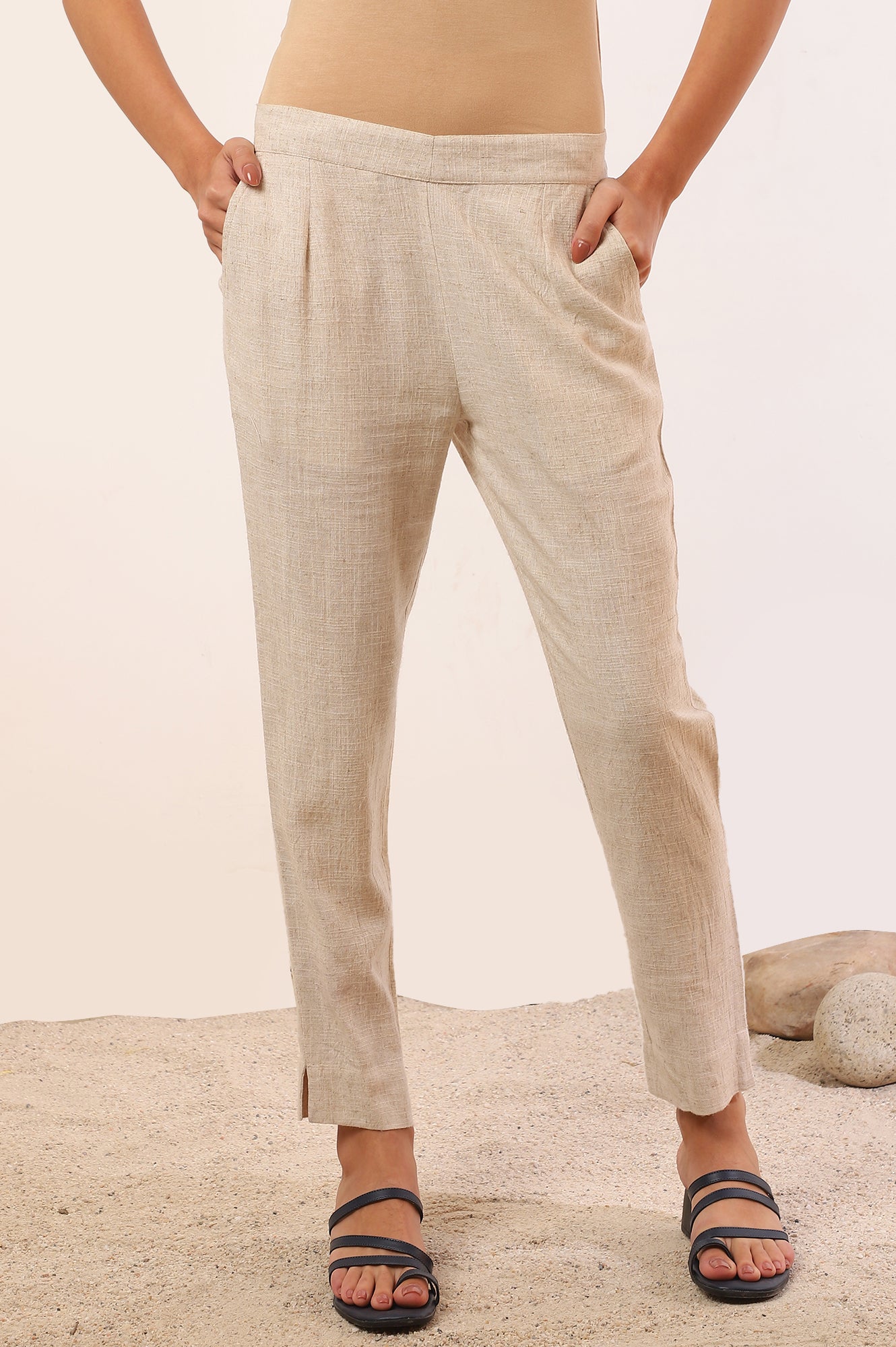 Off White Solid Straight Blend Trousers