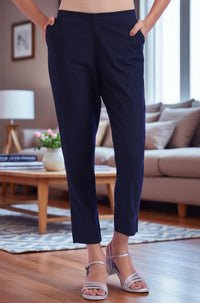 Navy Blue Solid Viscose Flax Straight Fit Trousers