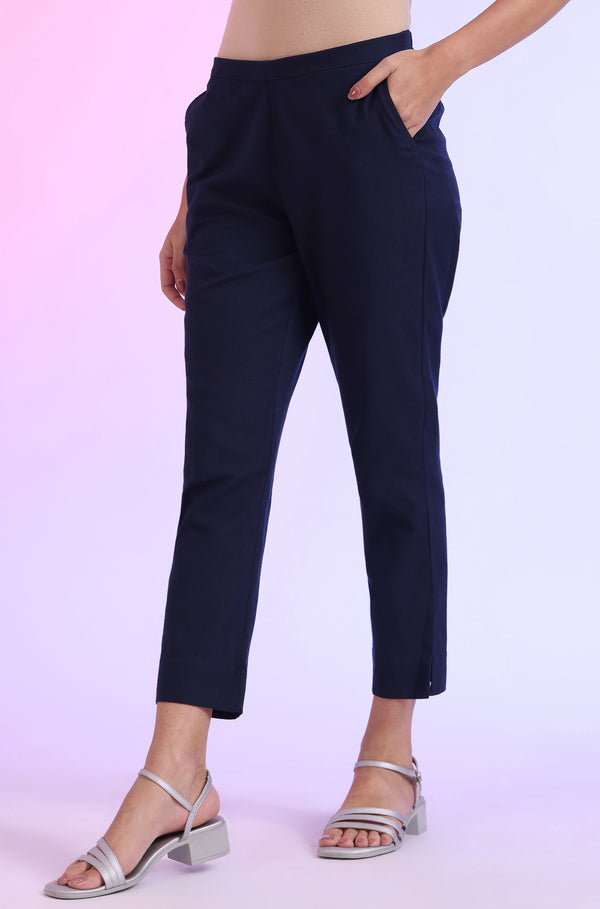 Navy Blue Solid Viscose Flax Straight Fit Trousers