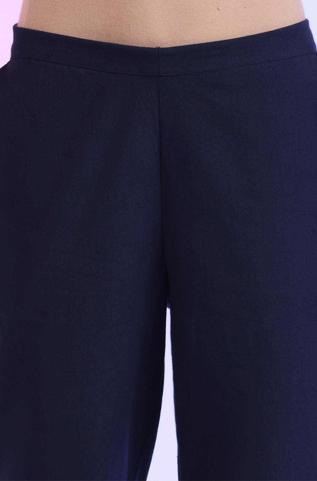 Navy Blue Solid Viscose Flax Straight Fit Trousers