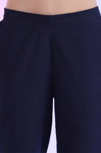 Navy Blue Solid Viscose Flax Straight Fit Trousers