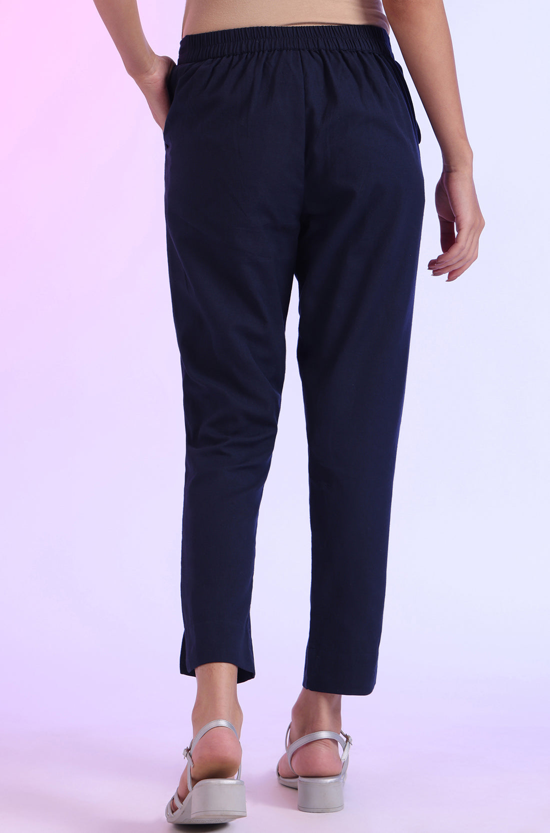 Navy Blue Solid Viscose Flax Straight Fit Trousers