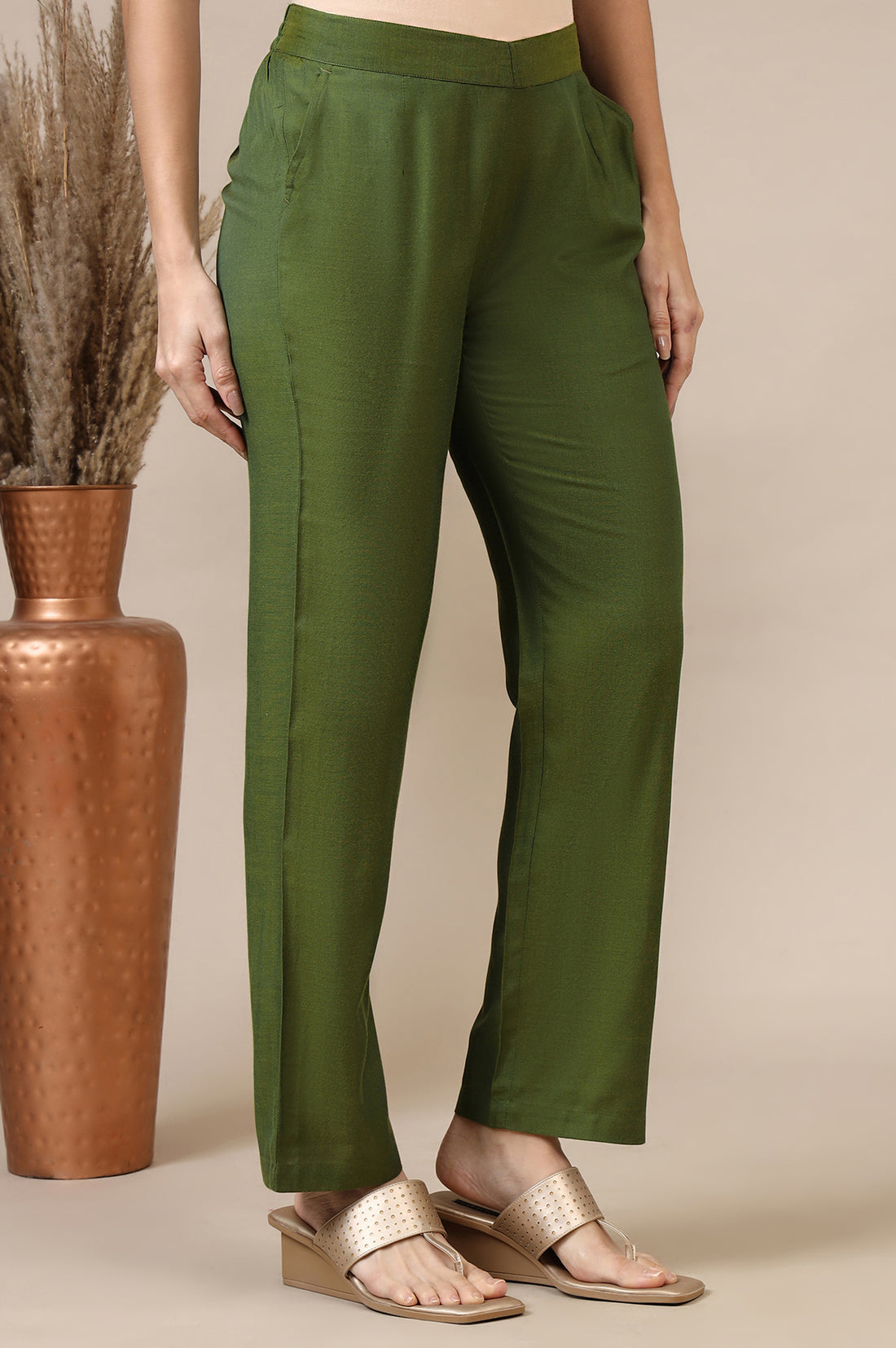 Green Solid Modal Rayon Ankle Length Palazzos