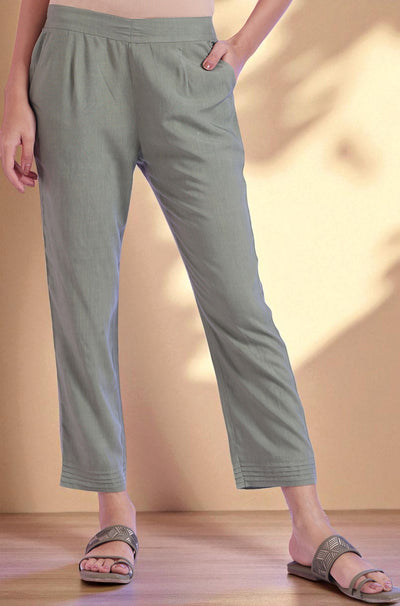 Green Solid Straight Rayon Trousers