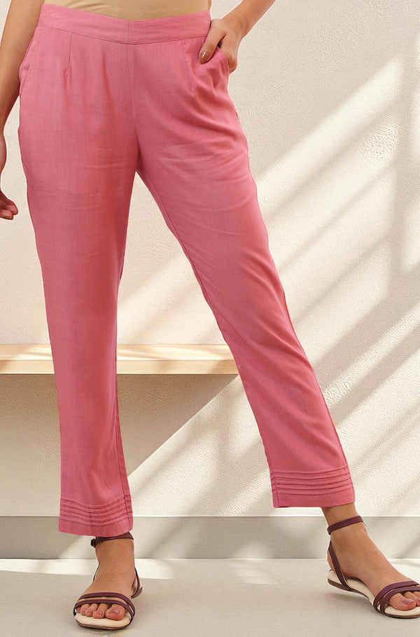 Pink Solid Straight Rayon Trousers