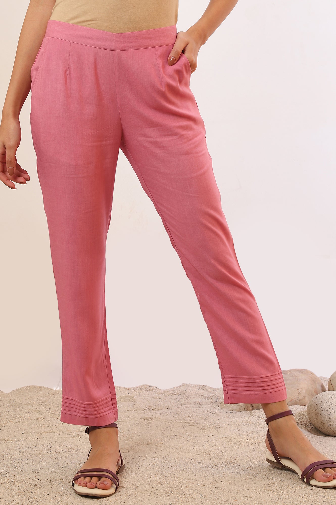 Pink Solid Straight Rayon Trousers