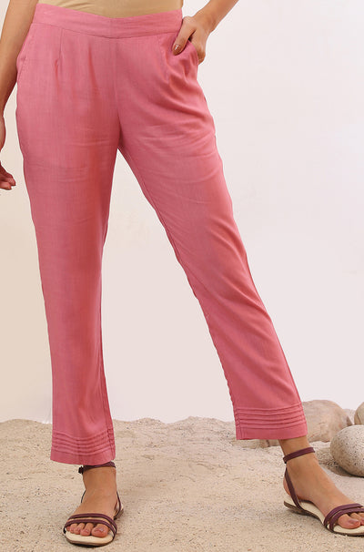 Pink Solid Straight Rayon Trousers