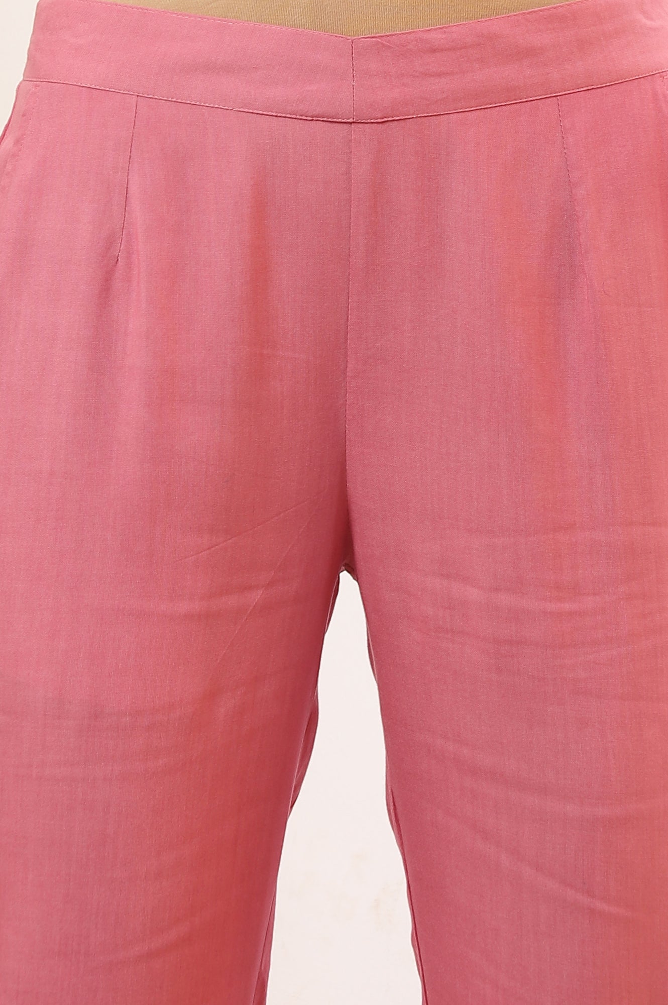 Pink Solid Straight Rayon Trousers